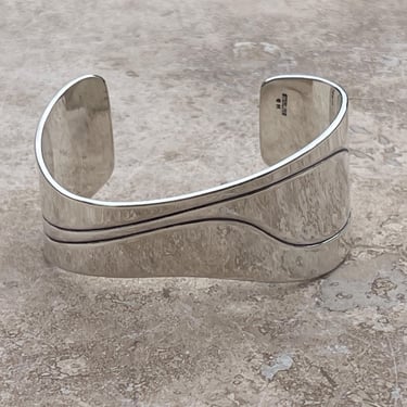 Vintage Wavy Asymmetrical Sterling Silver Wide Cuff Bracelet with Incised Flowing Lines 