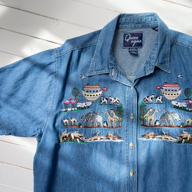 blue embroidered blouse | 90s vintage Noah's Ark animal sheer cow giraffe elephant denim jean short sleeve shirt 