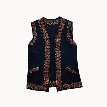 Black Wool 1970s Folklore Embroided Felt Vest Size M 