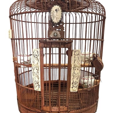 Antique Chinese Red Reed Rattan Birdcage Porcelain Feeder Bowls, Jade, Mother of Pearl, and Pin Lock 