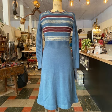 1970s sweater dress, space dyed, 70 knit dress, hippie style, blue striped dress, small medium, long sleeve, retro, bohemian, penny lane 