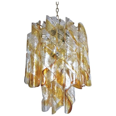Vintage Italian Chandelier with Clear &amp; Amber Glass by Mazzega