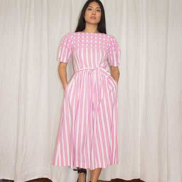 1980s India Cotton Pink Striped Easy Dress 