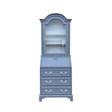 Secretary Desk with Key by Jasper Cabinet Painted Blue Gray - Vintage Faux Bamboo Hutch with Glass Display Bookcase 