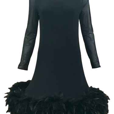 1994 Pierre Cardin Haute Couture Unlabelled Black Mesh Dress with Feathers