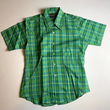 Vintage 70s Green Plaid Shirt, Size Medium New Old Stock, Never Worn 