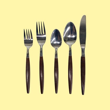 Vintage Silverware Set Retro 1960s Mid Century Modern + American Tempo + 39 Pieces + Stainless Steel + Faux Wood Handle + MCM Flatware 