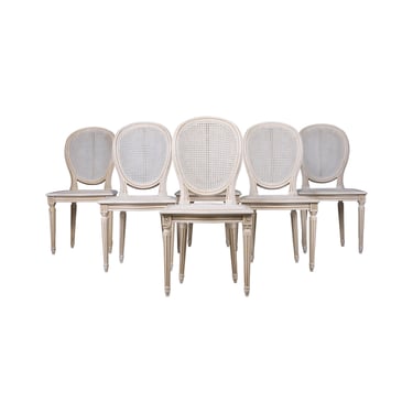 Antique French Louis XVI Style Painted Antique White Cane Dining Chairs - Set of 6 