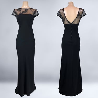 VINTAGE 90s Black Illusion Long Formal Dress by Oblique Size 8 | 1990s Sparkle Mesh Bombshell Noir Gown | VFG 