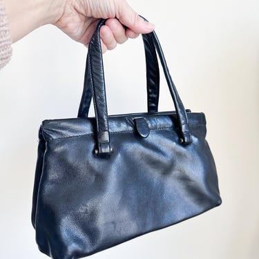 Vintage 1960s Black Leather Handbag / Doctor Bag 