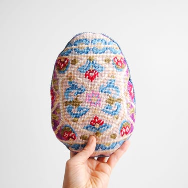 Vintage Needlepoint Egg Pillow, Easter Throw Pillow in Blue and Pink 