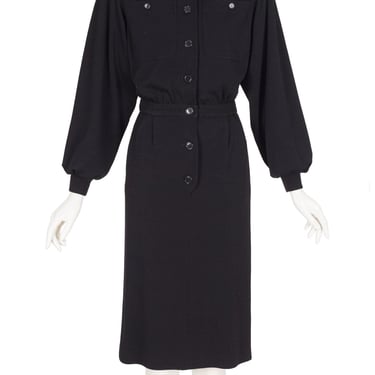 Valentino 1980s Vintage Black Wool Jersey Collared Button-Up Dress Sz S 