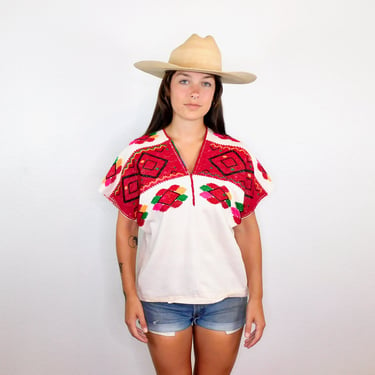 Hand Embroidered Huipil Blouse // vintage cotton boho hippie Mexican embroidered dress hippy off white // O/S 