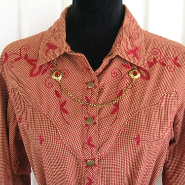 Cattlelac Ranch, Vintage Retro Western Women's Cowgirl Shirt, Rodeo Queen, Red Gingham, Embroidered Flowers, Size XLarge (see meas. photo) 