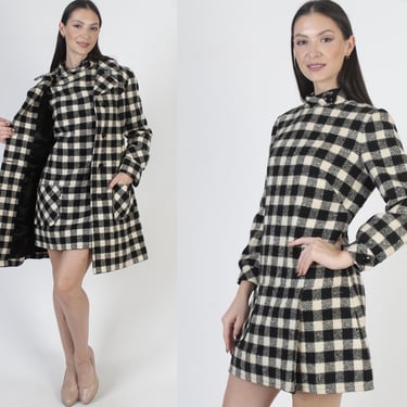 Pendleton Wool 2 Piece Set, 60s Black White Mini Dress, Vintage Plaid Winter Princess Coat 