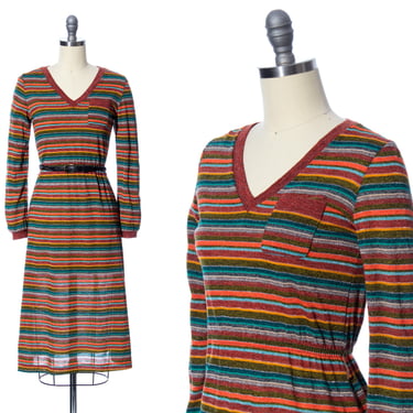 Vintage 1970s Dress | 70s Rainbow Metallic Acrylic Jersey Knit Long Sleeve Sweater Dress (x-small) 