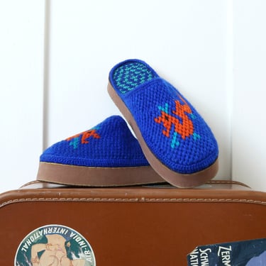 vintage wool clogs • electric blue & orange dragon needlepoint slippers 