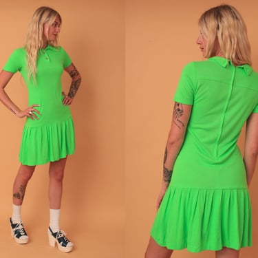 Vintage 1960s Bright Neon Green Drop Waist Mini Dress 