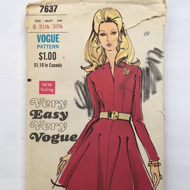 Vintage 60's Vogue 7637 Sewing Pattern, Size 8 Bust 31.5&amp;quot;, Holiday Party Dress, Flared Skirt Long Sleeves, Very Easy, Cut Used Complete 