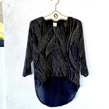 Vintage 70s 80s Disco Glam Top 1970s 1980s Metallic Glitter High Low Black Gold Shirt 