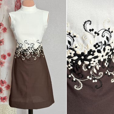 Mod Embroidered Dress, A-Line Design, High Neckline, Black and White, Vintage 60s 70s, Sustainable Fashion 