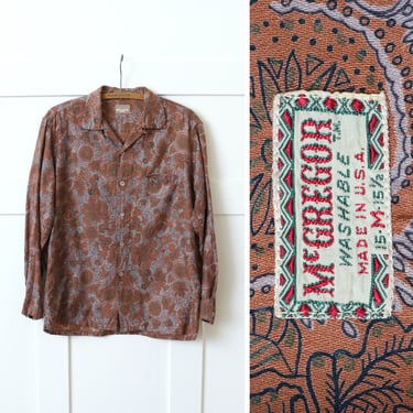 mens vintage 1950s abstract print shirt • MCM mcgregor long sleeve loop collar shirt • rare colors and print 