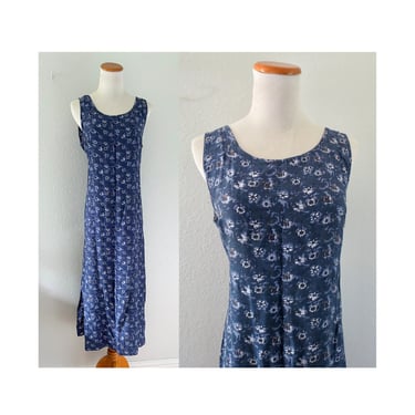 Vintage 90s Floral Maxi Dress Blue Flower Print Sleeveless Summer Grunge Boho Size Large 