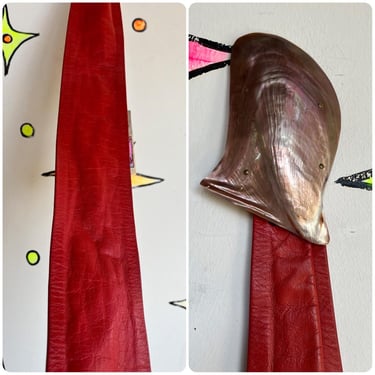 Vintage 70s 80s | Red Leather Art Wear Belt with Abalone Sea Shell Buckle | 37