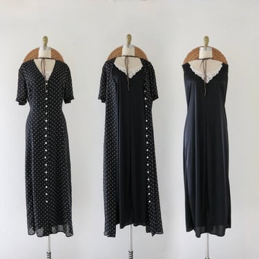 layered convertible dress - l - vintage 90s y2k black white polka dot size large button chiffon sheer long maxi dress 