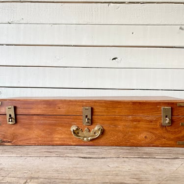 Vintage Wood Box Brass Latches Locking | Long Wood Storage Box | Small Trunk | Papers Photos Gift Card Box 