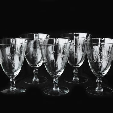 Antique floral glasses | Vintage 40s hand blown etched drinking glasses | champagne wedding barware glasses 5 