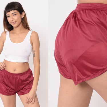 80s Gym Shorts Raspberry Red Dolphin Style High Elastic Waisted Jogging Running Retro Hotpants Workout Shorts Nylon Vintage 1980s Small 
