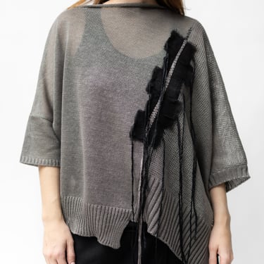 Gigi Grey Asymmetric Silk Detail Hand Embroidered Knit Linen Top