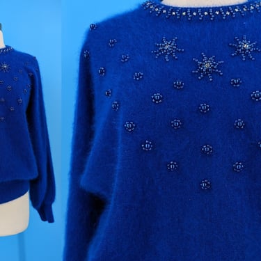 Vintage 80s Eddie Dassin Blue Angora Blend Embellished Dolman Sleeve Sweater - Eighties Medium Fuzzy Oversized Rhinestone Pullover Sweater 