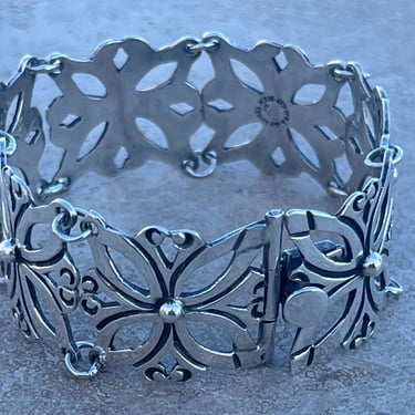 J. Flores ~ Vintage Midcentury Taxco Sterling Silver Wide Flower Link Bracelet c. 1940's 