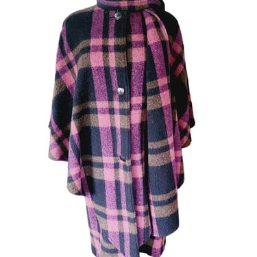 90s Purple Wool Plaid Poncho Cloak Coat w/Scarf 