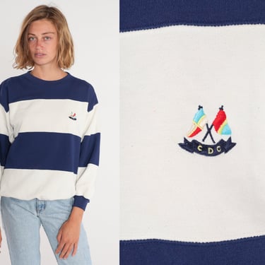 Nautical Striped Sweatshirt 80s White Navy Blue Pullover Crewneck Sailor Embroidered Flag Color Block Sweater Vintage 1980s Medium M 
