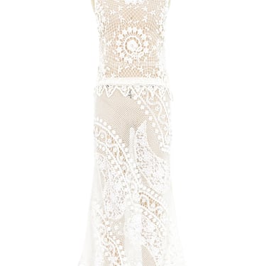 White Floral Pearl Embellished Crochet Maxi Dress