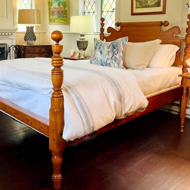 Ball top Bed in Maple, Original Posts ~ Circa 1830, Resized to Queen with Roll-top, Repeat-end, Ram's Ear Headboard