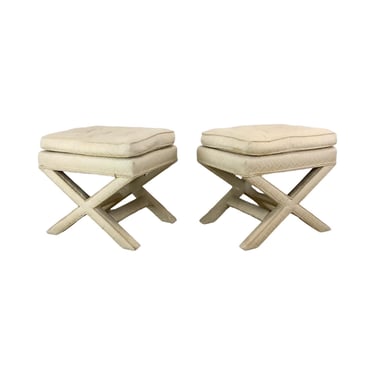 Pair of Vintage Cream X-Base Stools | Hollywood Regency Glam Ottoman Benches 