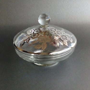 Silver City Glass Co. lidded pedestal dish with silver overlay Covered candy bowl Vanity decor 