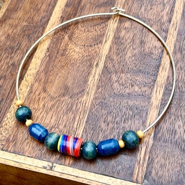 Vintage Brass Choker Beaded Necklace Wooden & Ceramic Beads Colorful Retro 70s Fashion Gift 