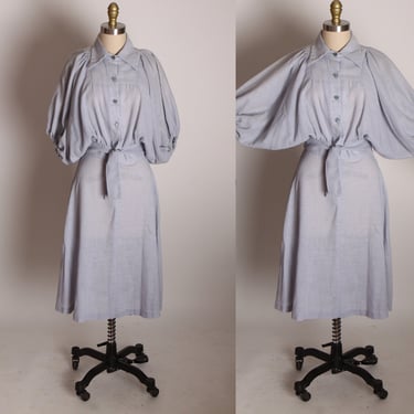 1970s Steel Blue Gray Half Sleeve Balloon Batwing Blouse with Matching A Line Skirt Two Piece Outfit -S 
