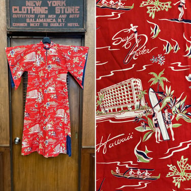 Vintage 1940’s Kilohana Surfer Cartoon Tiki Cotton Print Pake Muu Batwing Hawaiian Dress, Vintage Pake Muu, Hawaiian Dress, Batwing Sleeve 