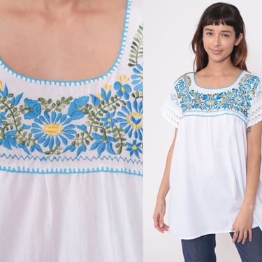 Mexican Embroidered Top Blouse 90s White Blue Floral Blouse Peasant Hippie Short Sleeve Shirt Boho Crochet Lace Vintage 1990s Extra Large xl 