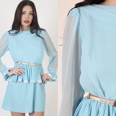 Sky Blue Sheer Chiffon Mini Dress, Disco Style Lightweight Frock With Peplum Waistline, Vintage 70s Dancing Outfit 