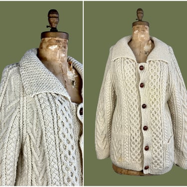 COZY DOES IT Vintage 70s Fisherman Sweater | 1970s Chunky Wool Cable Knit Cardigan | Hand knit Knitwear, Traditional Irish Aran  | X Large 