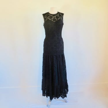 1980's 90's Black Lace Sleeveless Top and Maxi Flared Skirt Set Evening Cocktail Formal Party Two Piece Anne Pinkerton Size Small Medium 