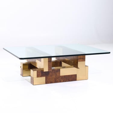 Paul Evans for Directional Mid Century Burlwood and Brass Coffee Table - mcm 