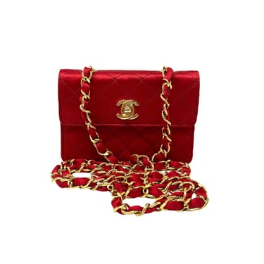 Chanel Red Satin Mini Chain Flap Bag